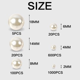 1925PCS Pearls for Vase Filler, 6 Sizes Unperforated Pearls Artificial Plastic Pearl Crafts Scattered on The Table, Wedding Birthday Party Decorations(2/4/6/8/14/18mm)