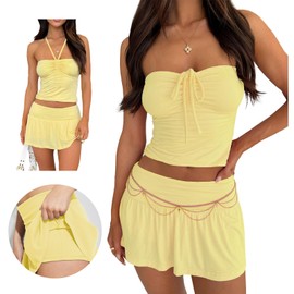 Goafuliy 2 Piece Mini Skirt Sets for Women, Summer Crop Top Pleated Mini Skorts Y2k Outfits Going Out Two Piece Set Yellow S