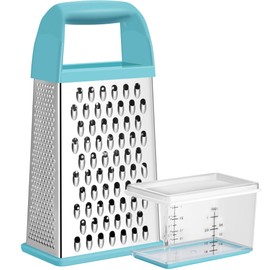 Urbanstrive Cheese Grater With Container, Professional Cheese Grater with Handle, Stainless Steel Graters for Kitchen Handheld, Box Grater with 4 Sides for Vegetables, Ginger, Potatoes (Blue)