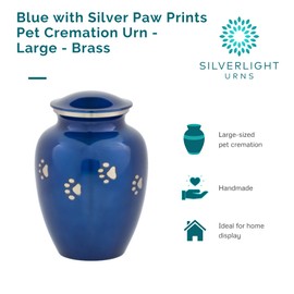 Blue with Silver Paw Prints Large Pet Cremation Urn for Ashes, Brass, Blue Pet Urn, Dog Urn, Cat Urn, Large Sized Pet Urn, 7 Inches High