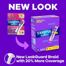 Tampax Radiant Tampons for Women, with LeakGuard Braid, Regular Absorbency, Unscented, 84 Count (3 Packs of 28)