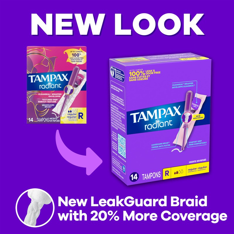 Tampax Radiant Tampons for Women, with LeakGuard Braid, Regular Absorbency,