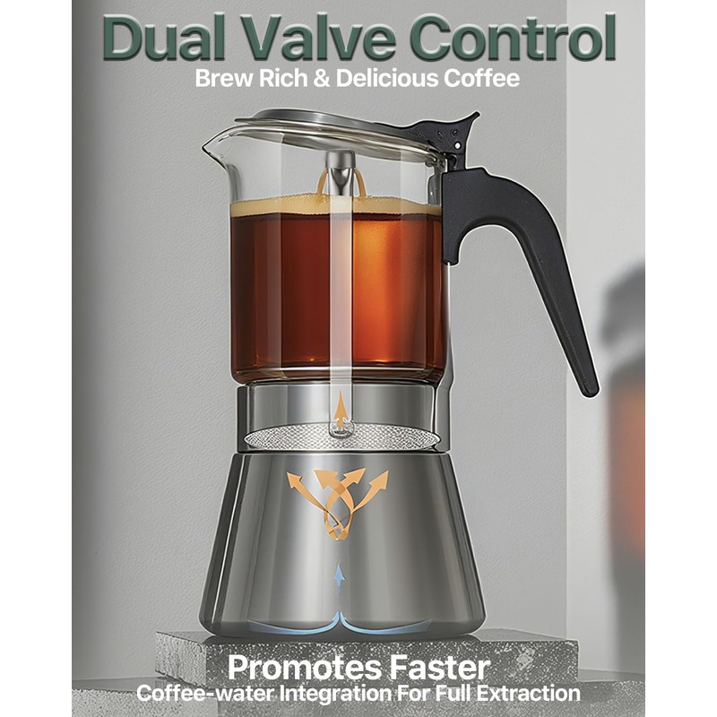 Grasseed Crystal Glass-Top Moka Pot, Brushed Stainless Steel Stovetop Espresso