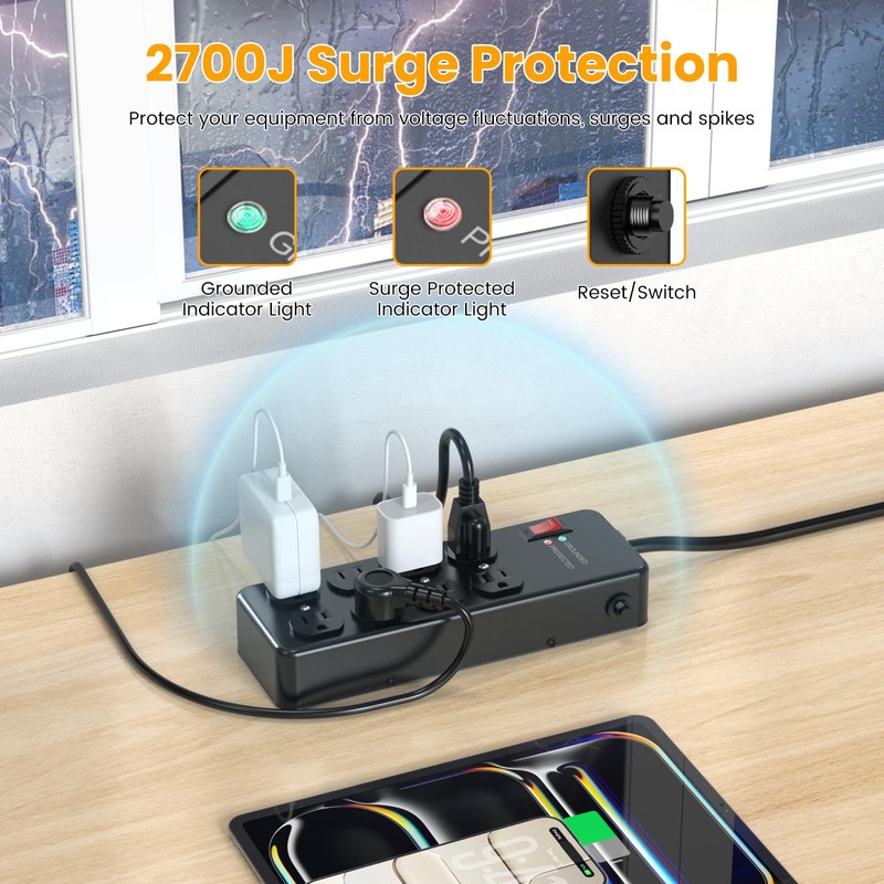 HEZI Magnetic Heavy Duty Power Strip,12 Gauge 6FT Extension Cord,Black