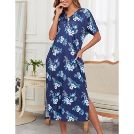 Viakeo Women's Nightgowns Long Sleepshirts Button Up Night Gown Soft House Dress With Pockets S-3XL Navy