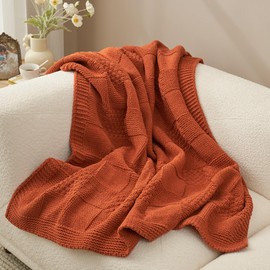 Amélie Home Checkered Throw Blanket Soft Cozy Burnt Orange Knit Throw Blanket Farmhouse Decorative Chenille Throw Blanket for Couch Bed Sofa Living Room, 50"x 60", Burnt Orange