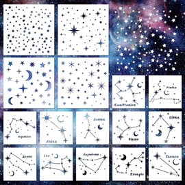 Keluna Star Stencils for Painting, 16 Pcs Star Moon Stencils for Painting on Wood Wall Painting Template, Large Reusable Star Zodiac Constellation Stencils for Painting on Wall Canvas Furniture Decor