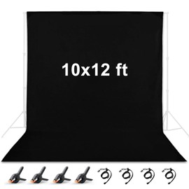 10 x 12 ft Black Backdrop, Polyester Fabric Chromakey Black Backdrop Background for Photography, Video, Studio and Television with 4 Backdrop Clips and 4 Spring Clamps