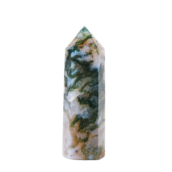 Runyangshi Natural Healing Crystals Aquatic Agate Wands 2.4"-2.8" Moss Agate Single Point Healing Crystal Tower Green Water Plant Agate 6 Faceted Reik Chakra Stones Prism Home Decor