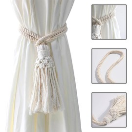 2 Pack Curtain Ties, Boho Curtain Tiebacks, Handmade Farmhouse Curtain Tie Back Holder with Tassels, Hand-Woven Cotton Rope Holdbacks for Living Room Bedroom Restaurant