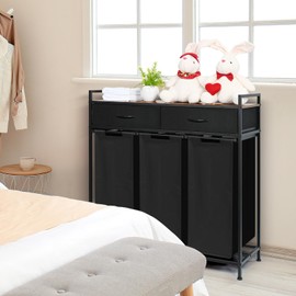 Laundry Sorter 3 Section, Laundry Hamper with Shelf and 2 Drawers, 180L Laundry Basket, laundry Organizer Cart, Pull-Out and Removable Oxford Fabric Laundry Bags, Black