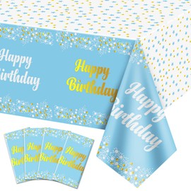 QUERICKY 4 Pack Happy Birthday Tablecloths, Blue and Gold Birthday Tablecloth, 54 x 108 Inch, Rectangle Tablecloths for Kids Boys Girls Birthday Party Decorations