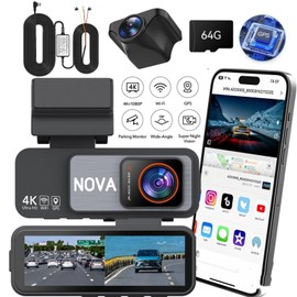 NOVA TECH Dash Cam Front Rear, 4K/2.5K Full HD Dash Camera for Cars, Included 64GB Card, Built-in Wi-Fi GPS, 3.18” IPS Screen, Night Vision, 170°Wide Angle, WDR, 24H Parking Mode (Free HardWire Kit)