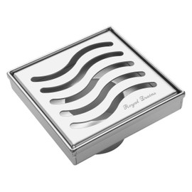 SereneDrains 304 Stainless Steel 4 Inch Square Polished Chrome Shower Drain Kit for Tile Floor Drain Grate Cover Hair Catcher Trap Strainer Filter (Polished Chrome, Ocean Wave Design)