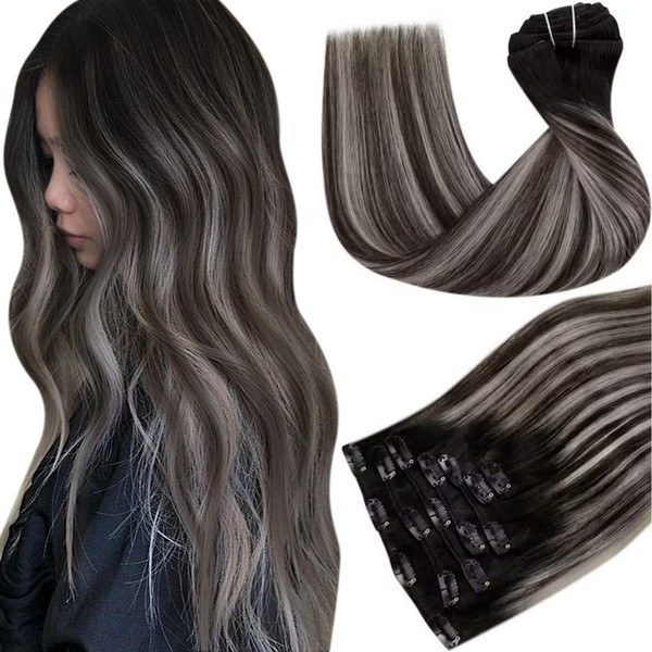 Hetto Balayage Clip-In Extensions, Black with Silver Real Hair Clip-In Extensions, Remy Clip-In Real Hair Extensions, Blayage #1B/Silver/1B 120 g 50 cm