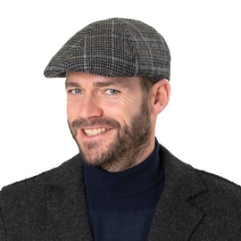 Lipodo Pentos Flat Cap Men's - Cap Lined - Peaked Cap Made of Synthetic Fibre Fabric - Flat Cap with Stretch Lining Band - Checked - Peak Length 5 cm - Cap Autumn/Winter, black