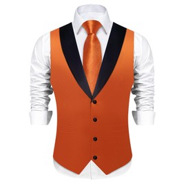 DiBanGu Mens Shiny Satin Vest Tie Set 8PCS Solid Waistcoat and Pre-tied Bowtie Shawl Collar Dress Vest for Wedding Formal, Burnt Orange, X-Large