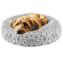 Dog Beds & Cat Bed, Anti-Anxiety Donut Cuddler Warming Cozy Soft Round Bed, Fluffy Faux Fur Plush Cushion Bed for Small Medium Dogs and Cats-Grey L