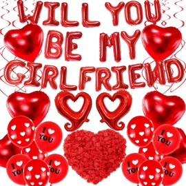 147 Pcs Will You Be My Girlfriend Balloons,Valentines Day Red Love Set,Swirls Foil Letter Balloons Hook Balloons Red Heart Balloons Rose Petals, Suitable for Express Love on Romantic Date Nights