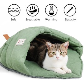 Cat Sleeping Bag,Linen Fabric Cat Bed Cave Leaf Nest Pet Cuddle Zone Covered Hide Hood Burrowing Cozy Soft Durable Washable with Non-Slip Bottom for Indoor Puppy and Kitten (Green)