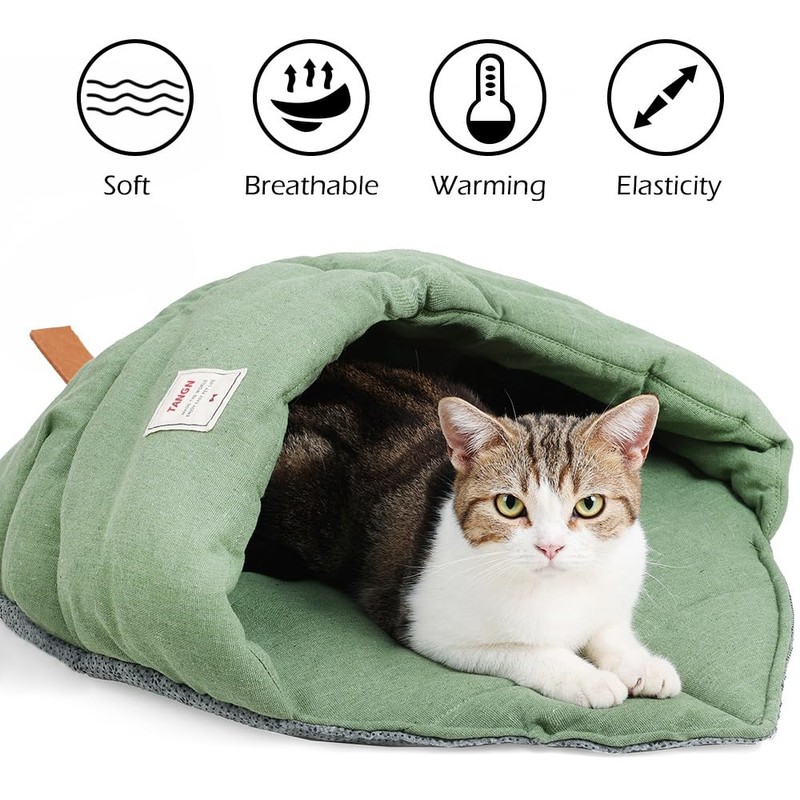 Cat Sleeping Bag,Linen Fabric Cat Bed Cave Leaf Nest Pet