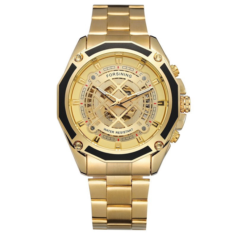 FORSINING Geometry Hollow Automatic Mechanical Men Watch Wristwatch (Gold Dial
