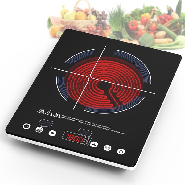 GIHETKUT Electric Cooktop Single Burner, 1800W Electric Stove Top with Touch Control, 9 Power Levels, Kids Safety Lock & Timer, Overheat Protection,110V Induction Cooktop