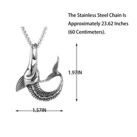 Men's and Women's Gothic Punk Animal Swordfish Pendant Necklace,316L Stainless Steel,Silver Stainless Steel Square Pearl Chain,Vintage Amulet Jewelry