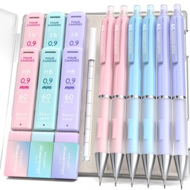 Four Candies 0.9mm Mechanical Pencil Set - 6PCS Cute Pencils with 360PCS HB & 2B Lead Refills, 3PCS Pastel Erasers and 9PCS Eraser Refills, Aesthetic School Supplies for Student Writing Drawing