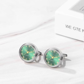 JewelryWe Men's Watches with Cufflinks, Pocket Watch: Analogue Quartz Cuff Watch Round Roman Numerals Dial Watch Cufflink Watch Gold/Silver Gift for Men, silver-green