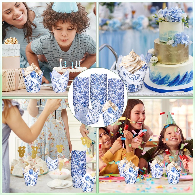 Whaline 200Pcs Blue and White Floral Cupcake Liners Chinoiserie Muffin