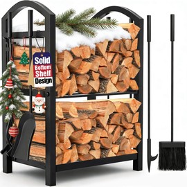 AMAGABELI GARDEN & HOME Firewood Rack Indoor with Tools 5-Piece Fireplace Tools Set Wood Holder Outdoor Wrought Iron Log Holder Firewood Storage Rack for Fireplace,Fire Pit,Wood Stove Black