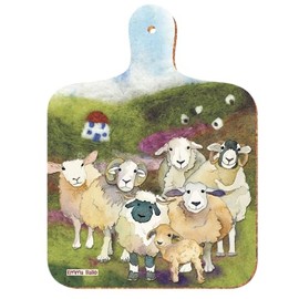 Cute Farmyard Sheep - Felted Wool Design - Colourful Mini Kitchen Chopping Board - Green/Purple/Cream - 23.5 cm