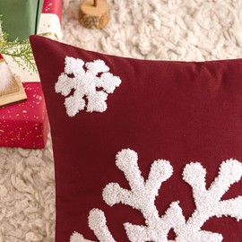 Woaboy Pack of 2 Christmas Burgundy Throw Pillow Covers Decorative Snowflake Embroidery Couch Pillows Canvas Cushion Cases Holiday Home Decor Soft Pillowcases for Sofa Bedroom Car 18x18 Inch