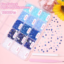 12000 Pcs Blue White Flatback Pearls and Rhinestones for Crafting, 3-5 mm Jelly Resin Rhinestones, Mixed Size Half Pearl Bedazzling Gems for Nail DIY Crafts Mugs Bottles Tumblers Clothes Makeup