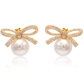 Clyhon New York Gold Ribbon Bow Knot Crystal Rhinestone White Pearl Stud Earrings, Pearl