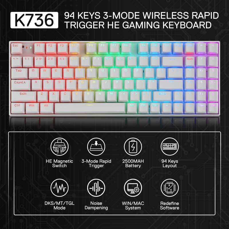 Redragon K736 PRO Rapid Trigger Wireless Gaming Keyboard, 90% 94
