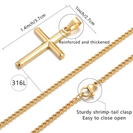 HSWYFCJY Cross Necklace Men Gold Chain with Bevelled Cross Pendant Stainless Steel Cross Necklace for Men Women Chain Length 45cm Holiday/Birthady/Christian Gifts for Boys Girls