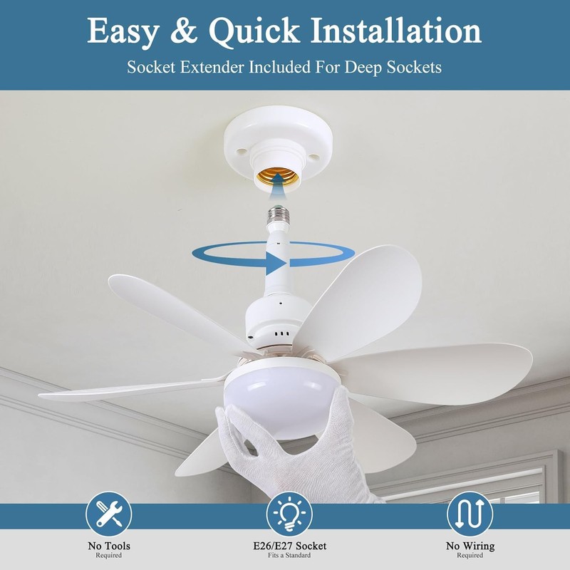 Socket Fan Light with 6 Blades, 3 Color Dimmable &