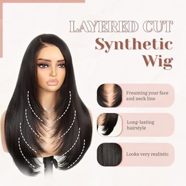 Peluca sintética con encaje frontal 9x7, sin pegamento, lista para usar, con raya en C, lisa, en capas, precortada, pre-depilada, con línea de cabello