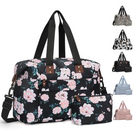 Pritent Travel Duffle Bag, Waterproof Weekender Overnight Hospital Bags for Women Men with Toiletry Bag Lightweight Personal Item Duffle Gym Bag for Travel, Airplanes, Sports(Black Flower, Medium)