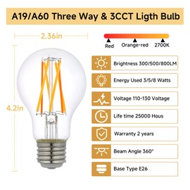 Three Way Light Bulbs, A19 Shape, E26 Base, 3-Way LED Bulbs with Color Changing (Red/2700K/Orange-red), 30 50 80W Equivalent, 3 Way Edison Filament Bulbs for Indoor&Reading&Decorate, 2Pack
