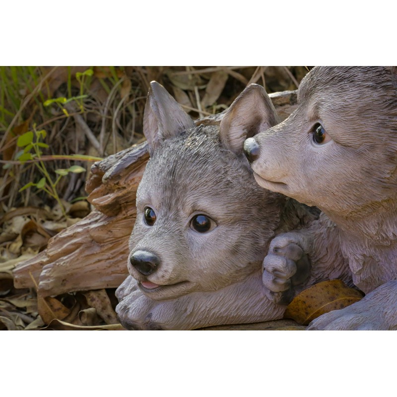 Hi-Line Gift Grey Wolf Cubs Hiding Under Log Statue