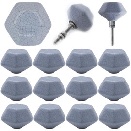 ETHNICITI Pack of 12 Hexagonal Grey Crackle 40mm Ceramic Door Knobs Vintage Shabby Chic, Wardrobe Cabinet Cupboard Drawer Interior Furniture Pulls Handles Bedroom Dresser Lounge Kitchen