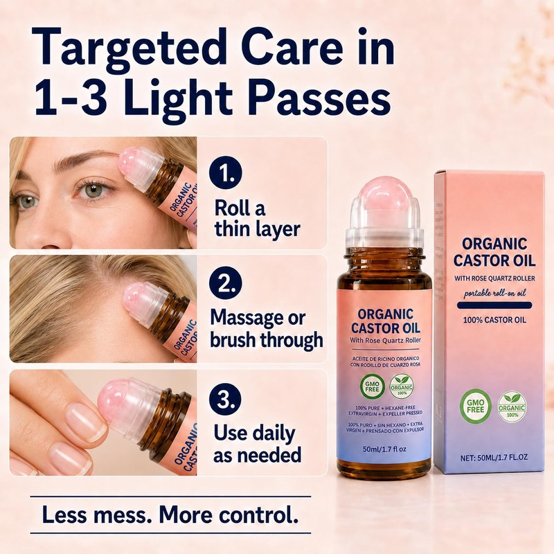 GETPUNA Pure Castor Oil Roll On with Rose Quartz Roller,