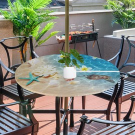 OMFUNS Beach Starfish Round Tablecloth with Umbrella Hole and Zipper Ocean Sea Outdoor Fitted Table Cover for Patio Picnic BBQS Elastic Edged Table Cloth Fit Table up to 36"-44"