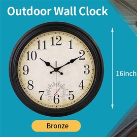 Outdoor Clock 16 Inch Large Wall Clocks Waterproof with Thermometer for Living Room Patio Pool Garden (Bronze)