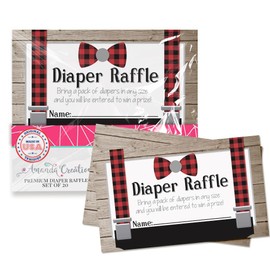 Amanda Creation Little Man Bow Tie Buffalo Plaid Suspenders Diaper Raffle Tickets for Boy Baby Showers, 20 2" X 3” Double Sided Inserts, Bring a Pack of Diapers to Win Favors & Prizes