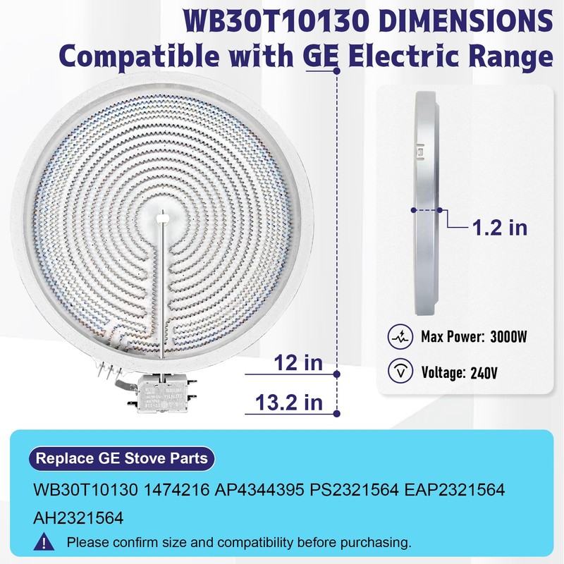 Upgraded WB30T10130 Range 12" Dual Haliant/Radiant Surface Element Compatible with