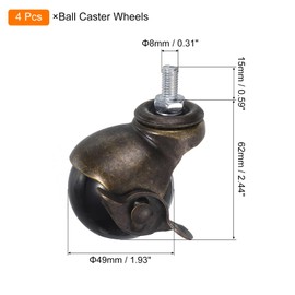 uxcell 2 Inch Ball Caster Wheels with Brake, 4pcs Threaded Stem Caster 360 Degree Rotatable Caster Wheels for Furniture, Bronze Tone